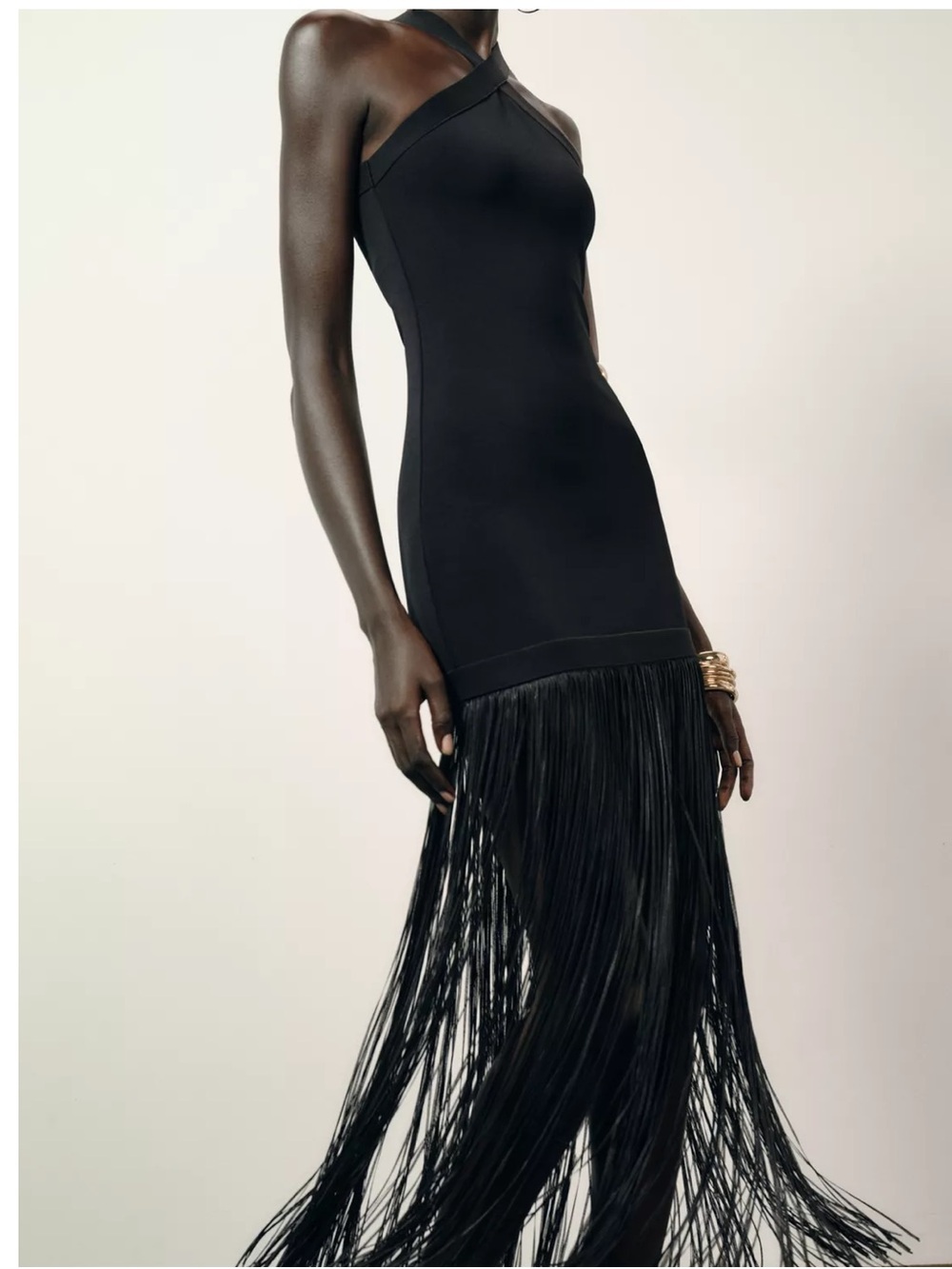 Zara Black Cross-Neck Fringe Evening Dress - Picture 3 of 12